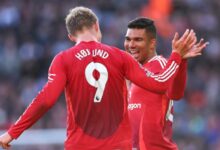 Player of Man United celebrates a goal with his teammate.