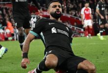 Salah celebrates triumphantly after scoring a goal for Liverpool against Arsenal