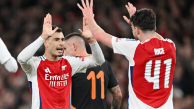 Arsenal player celebrates with teammates after scoring Arsenal's first goal during a match