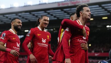 Liverpool players joyfully celebrate their victory together after the match.