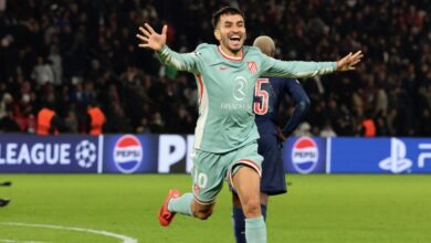 Angel Correa celebrates his last-gasp winner against Paris Saint-Germain