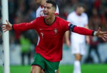 Cristiano Ronaldo celebrates his second goal against Poland