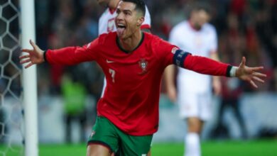 Cristiano Ronaldo celebrates his second goal against Poland