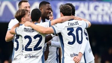 Inter Milan players celebrate a goal against Verona