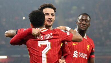 Liverpool Players Celebrating After Scoring Goal Against Bayer Leverkusen