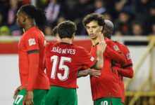 Portugal players celebrate Joao Felix's goal against Croatia