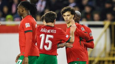 Portugal players celebrate Joao Felix's goal against Croatia