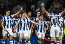 Real Sociedad players celebrate the winning goal against Barcelona