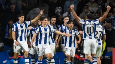 Real Sociedad players celebrate the winning goal against Barcelona