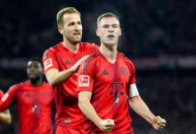 Kimmich celebrates his goal against Leipzig with Harry Kane