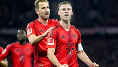 Kimmich celebrates his goal against Leipzig with Harry Kane